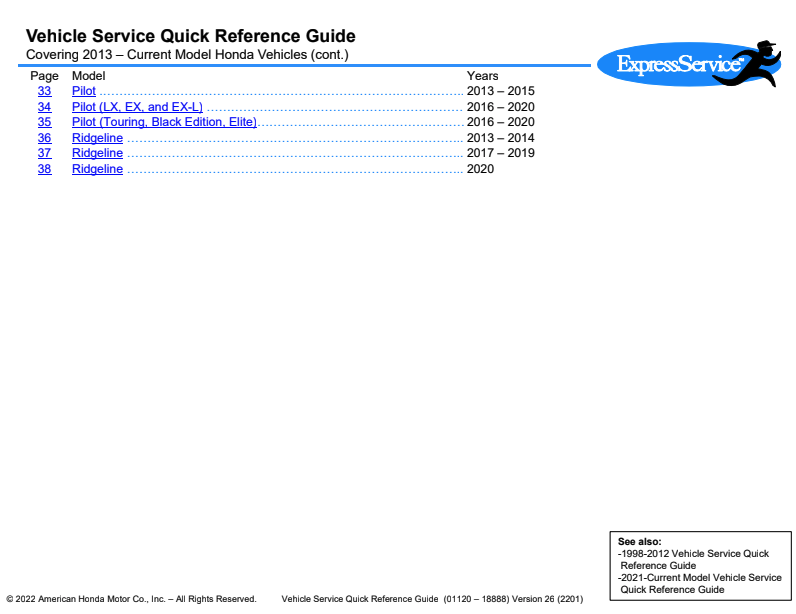 Vehicle Service Quick Reference Guide 
Covering 2013 – 2020 Model Honda Vehicles